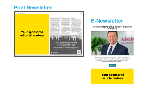 Images displaying sample sponsored content in CEO Update print newsletter and weekly enewsletter to depict how a sponsor's content could be featured in these publications.